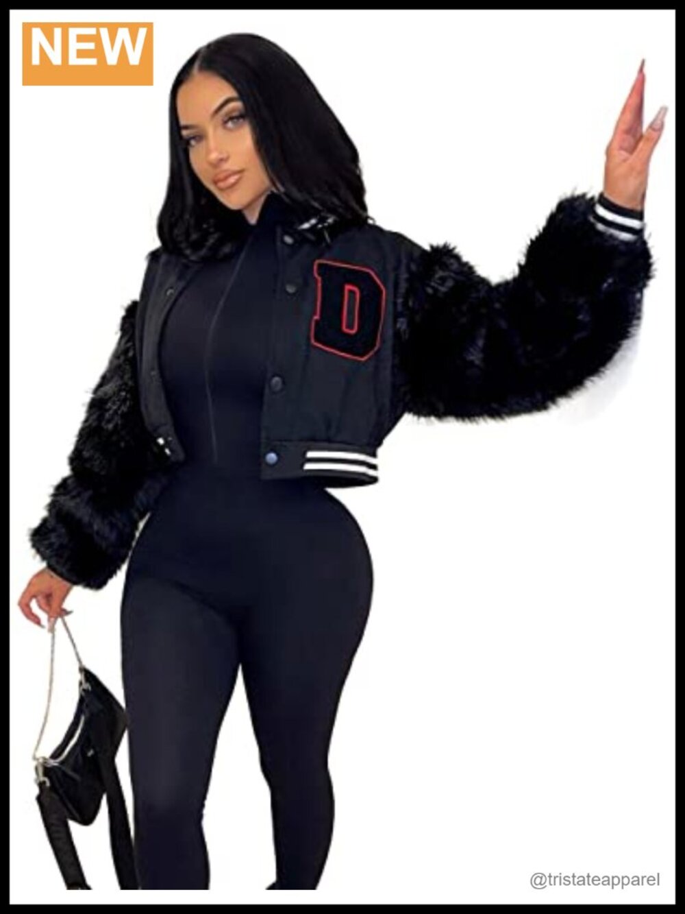 Faux Fur Sleeve Cropped Varsity Jacket Button Down Letterman Coat